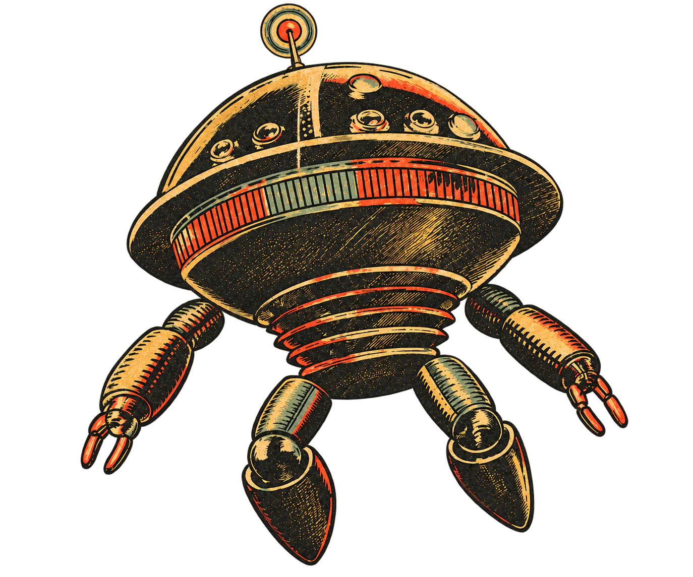 A saucer-shaped robot with mechanical limbs, illustrated in matching vintage print style.