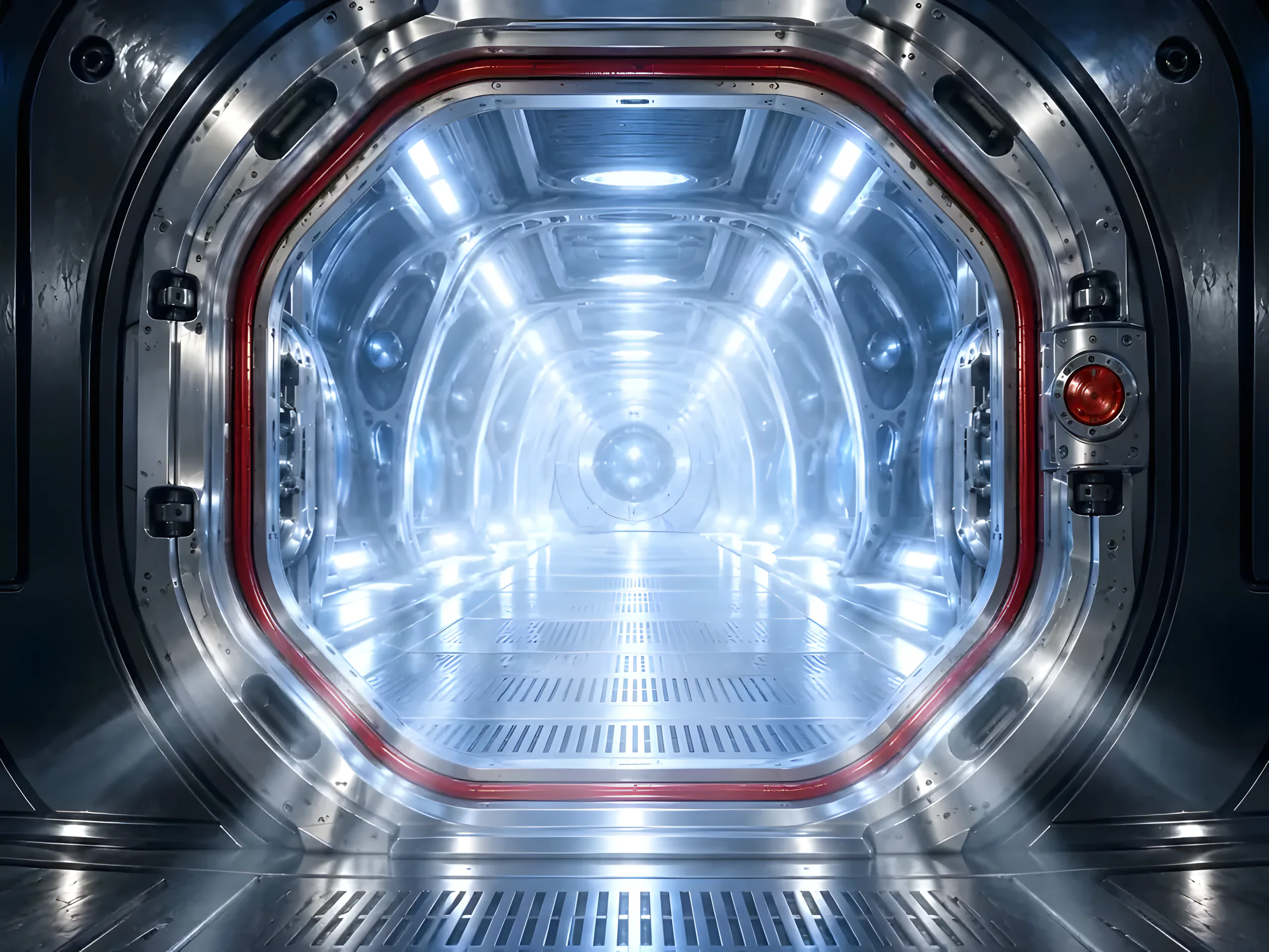 A spacecraft hatch seen straight on, open onto a corridor of white-blue light.