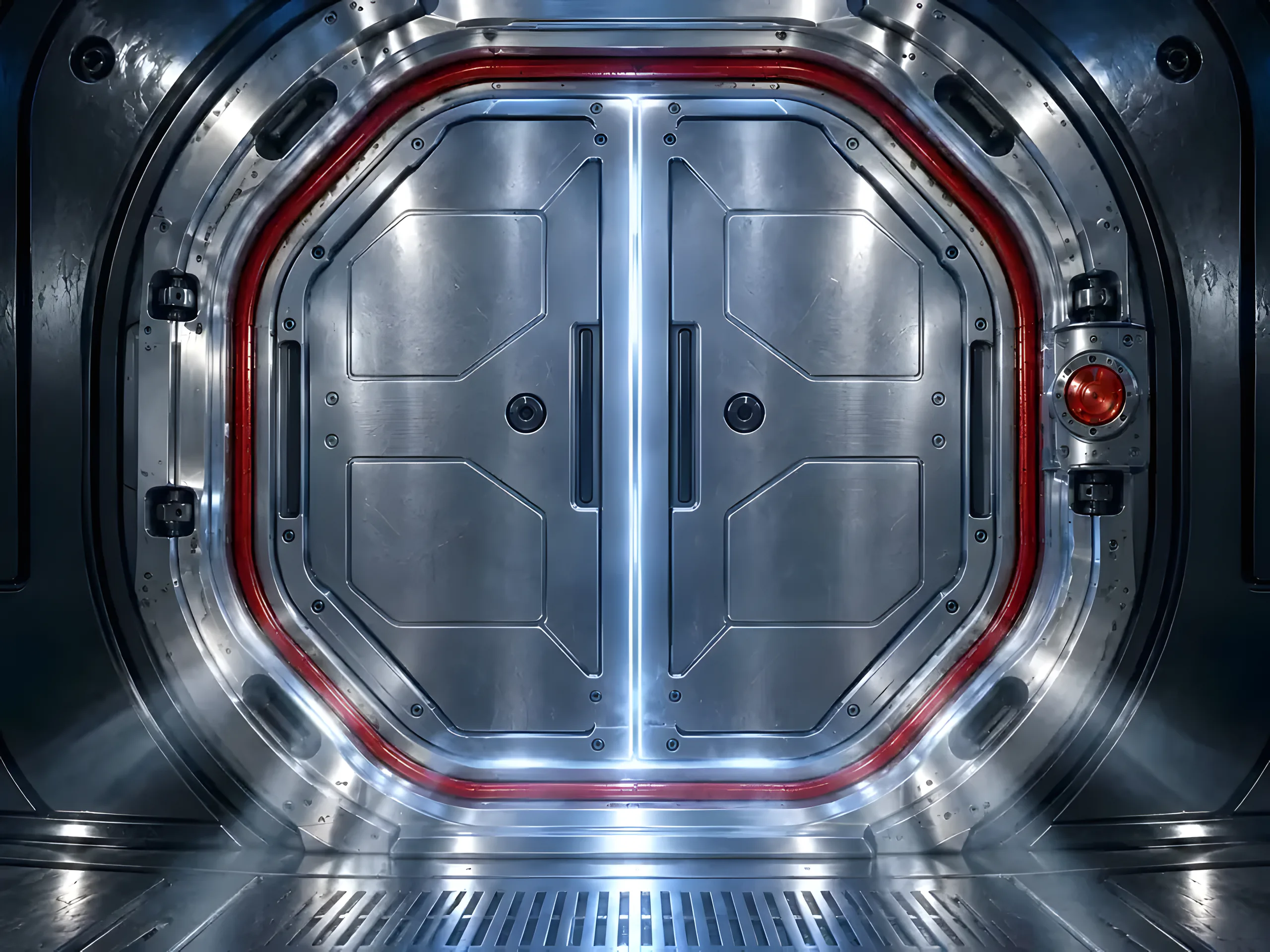 A closed spacecraft hatch seen straight on, with light leaking through its seam.