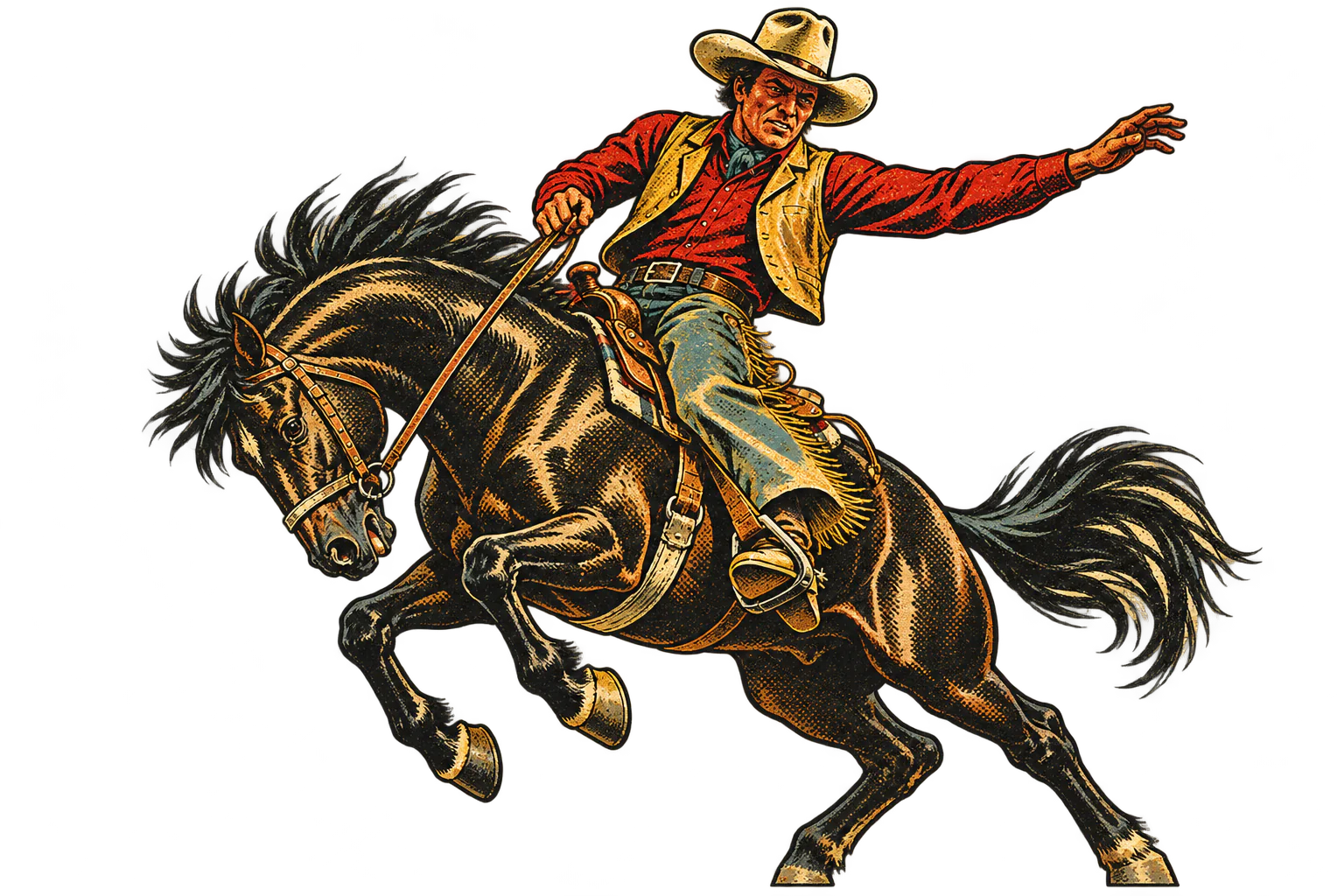 A cowboy riding a bucking stallion, illustrated in vintage print style.