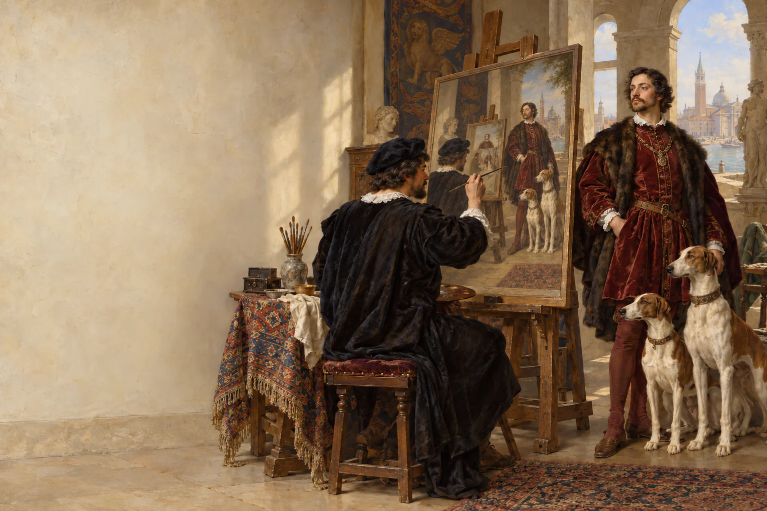 A Renaissance-style artist paints himself at his easel painting a man beside two hunting dogs, repeating the scene within his canvas.
