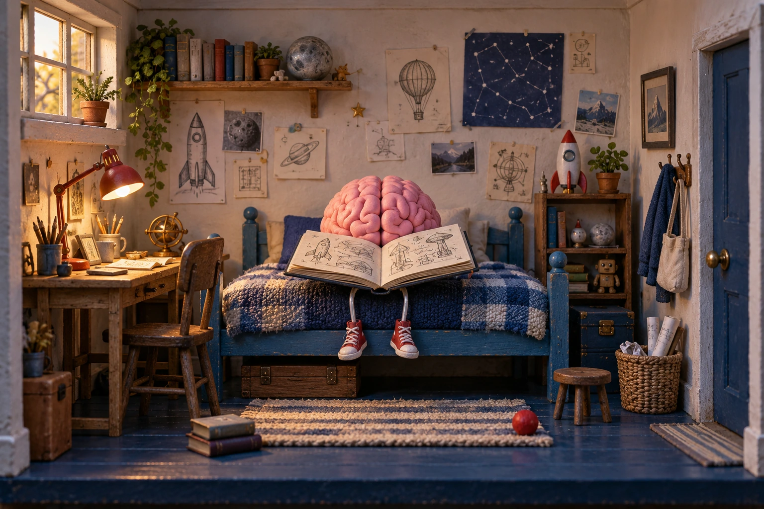 A little clay brain in red sneakers sits on a blue bed, studying a sketchbook of inventions.